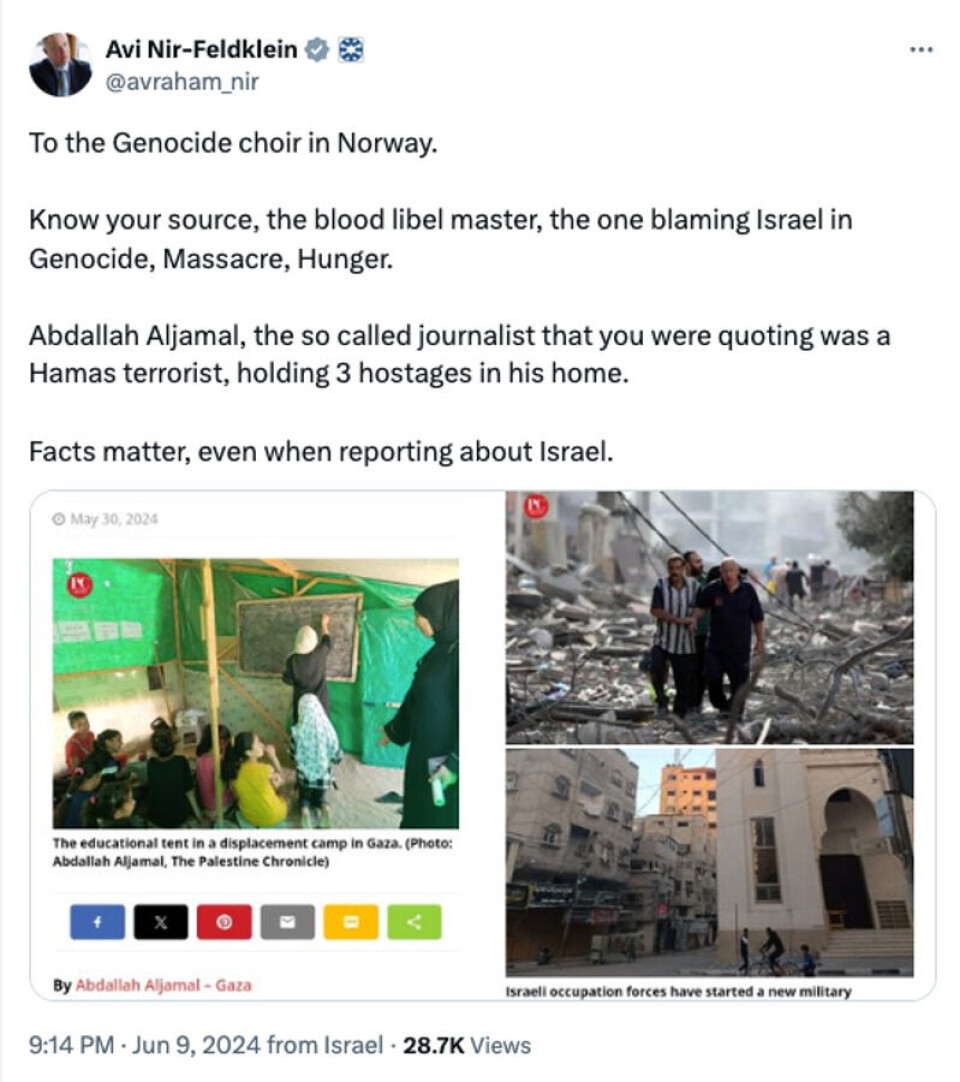 Skjermdump fra x-kontoen til Israels ambassadør Avi Nir-Feldklein. Bildene han viser til, er artikler som Aljamal har skrevet i Palestine Chronicle.