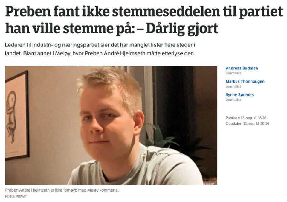 Preben Andrè Hjelmseth fra Meløy fant ikke stemmeseddel fra partiet Industri- og næringspartiet (INP) da han skulle stemme. Faksimile: NRK.