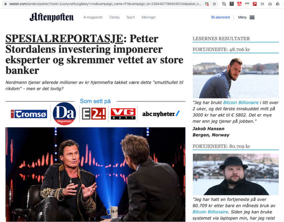 Artikkelen ligger på nettstedet Nexish.com, men ser ut som en artikkel i Aftenposten. Bildene og logoene er stjålet fra andre medier og sammenhenger. De avbildete personene til høyre er ikke de samme som navngis. Skjermdump: Nexish.com Artikkelen ligger på nettstedet Nexish.com, men ser ut som en artikkel i Aftenposten. Bildene og logoene er stjålet fra andre medier og sammenhenger. De avbildete personene til høyre er ikke de samme som navngis.