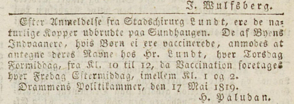 Innbyggere i Drammen blir bedt om å melde seg for vaksine etter et utbrudd på Sundhaugen 18. mai 1819. Faksimile: Nasjonalbiblioteket.
