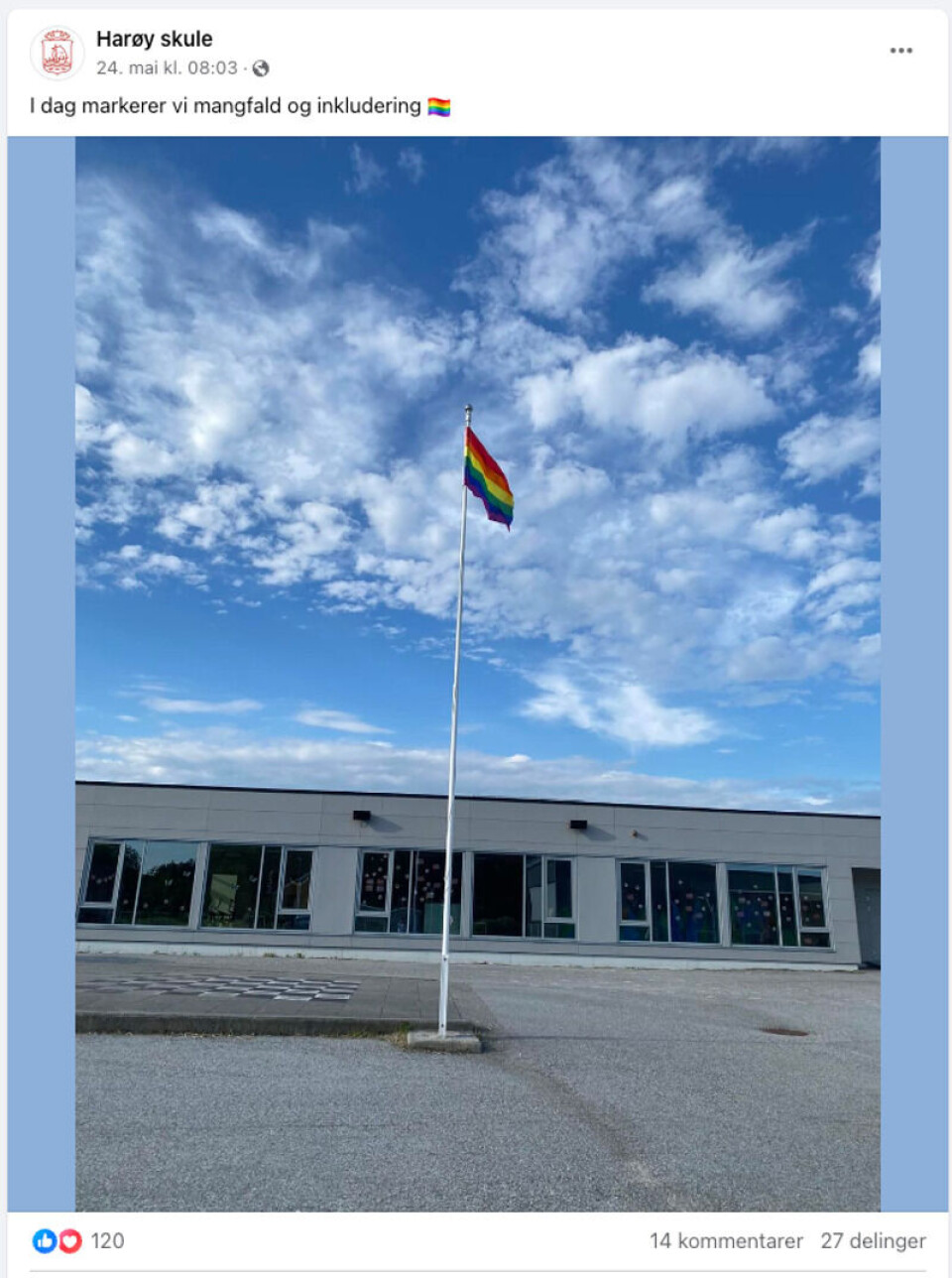 Harøy skule markerte pride fredag den 24.mai. Foto: Skjermdump, Facebook