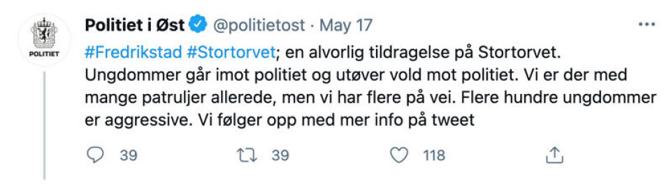 Skjermdump fra Twitter