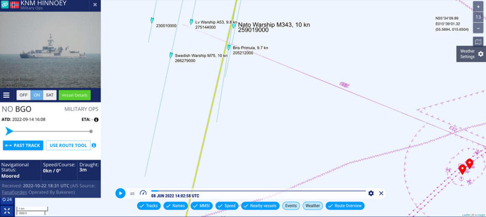 Vi har her brukt et skipskart som bakgrunn. Her ser vi krigsskip fra Finland, Sverige, Latvia og Belgia sammen med «KNM Hinnmøy». Skjermdump: Marine Traffic