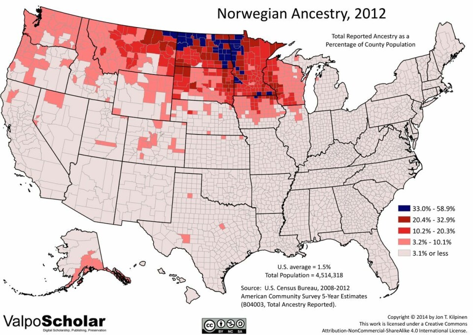 Prosentandel amerikanere som melder at de har norsk herkomst, 2012. Kilde: U.S. Census Bureau.