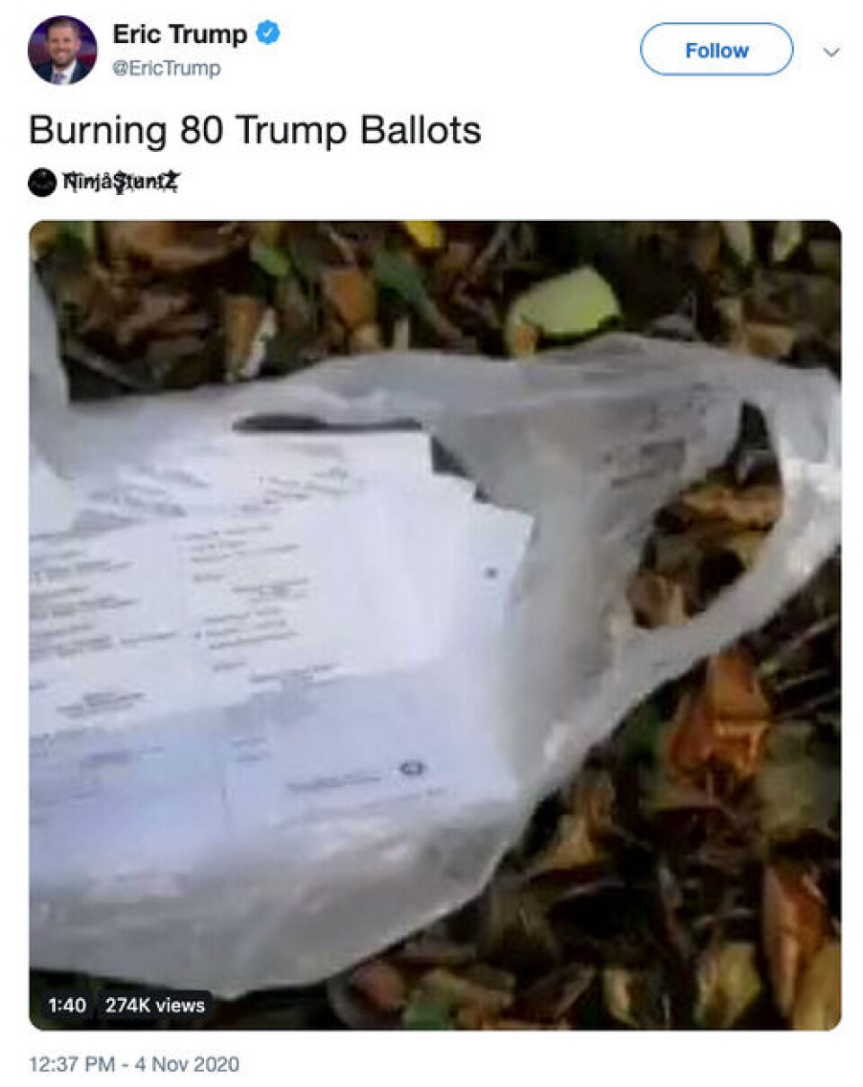 Presidentens sønn, Eric Trump, delte videoen på Twitter. Skjermbilde fra Twitter. Presidentens sønn, Eric Trump, delte videoen på Twitter.