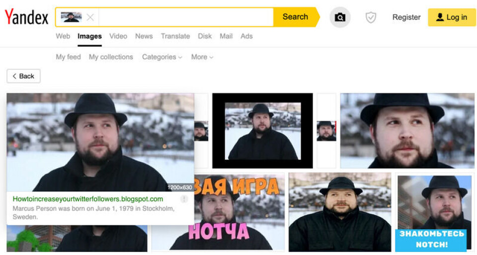 Omvendt bildesøk viser at bildet av Liam fra Stavanger i virkeligheten er av Mind Craft-skaperen Marcus Persson. Skjermdump: Yandex.com Omvendt bildesøk viser at bildet av Liam fra Stavanger i virkeligheten er av Mind Craft-skaperen Marcus Persson.