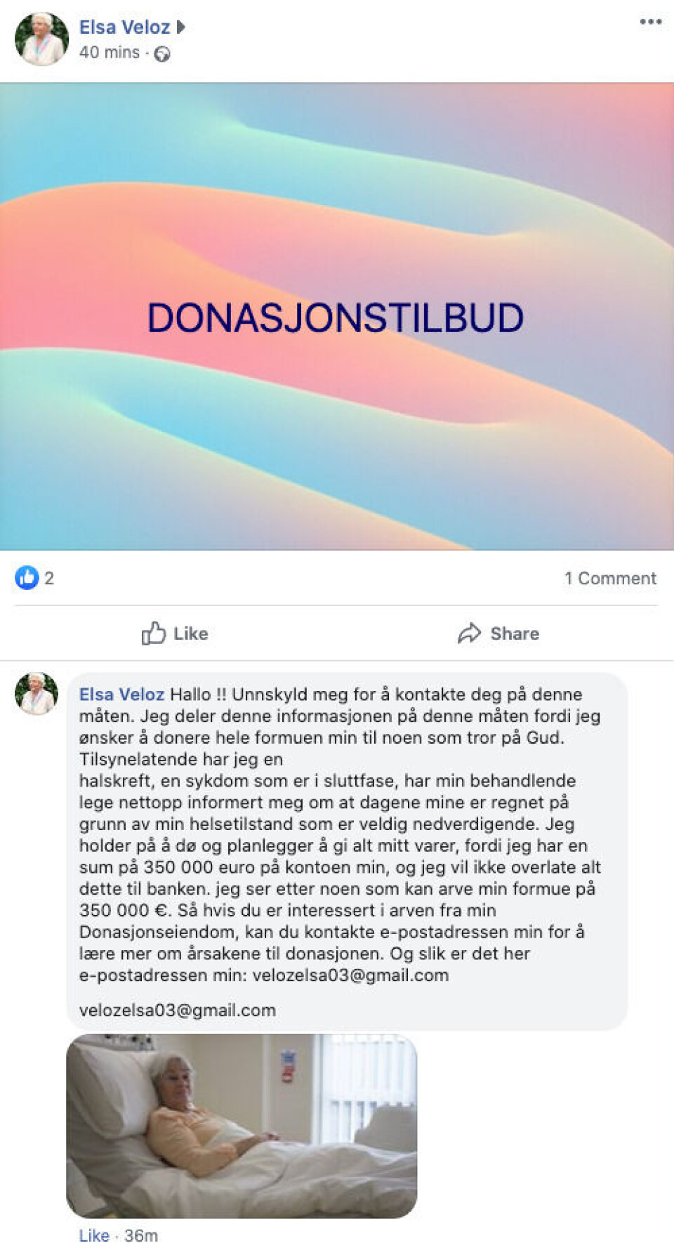 Det samme «donasjonstilbudet» ble postet i to ulike norske Facebook-grupper. Skjermbilde fra Facebook. Det samme «donasjonstilbudet» ble postet i to ulike norske Facebook-grupper.