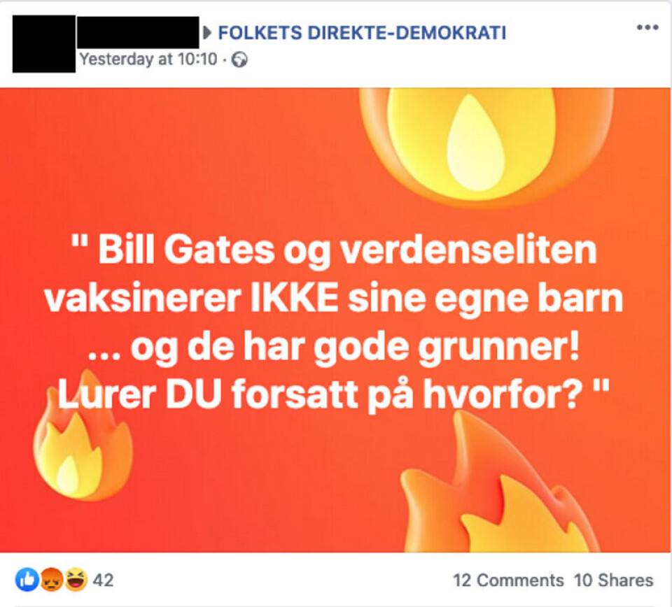 Slik fremmes påstandene om barna til Bill Gates i norske Facebook-grupper Skjermbilde: Facebook-bruker Slik fremmes påstandene om barna til Bill Gates i norske Facebook-grupper