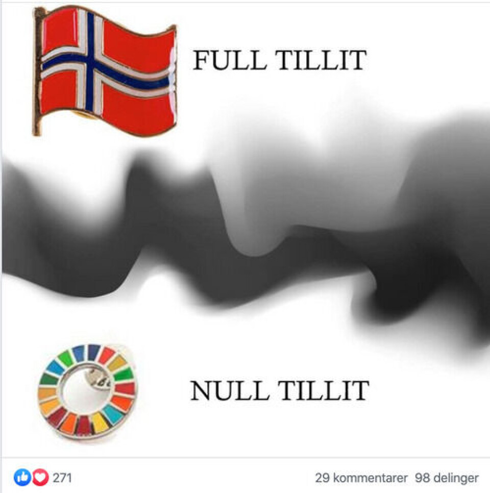 Et populært meme-bilde i grupper der brukerene er sinte på FN-jakkemerket. Skjermbilde: Facebook Et populært meme-bilde i grupper der brukerene er sinte på FN-jakkemerket.