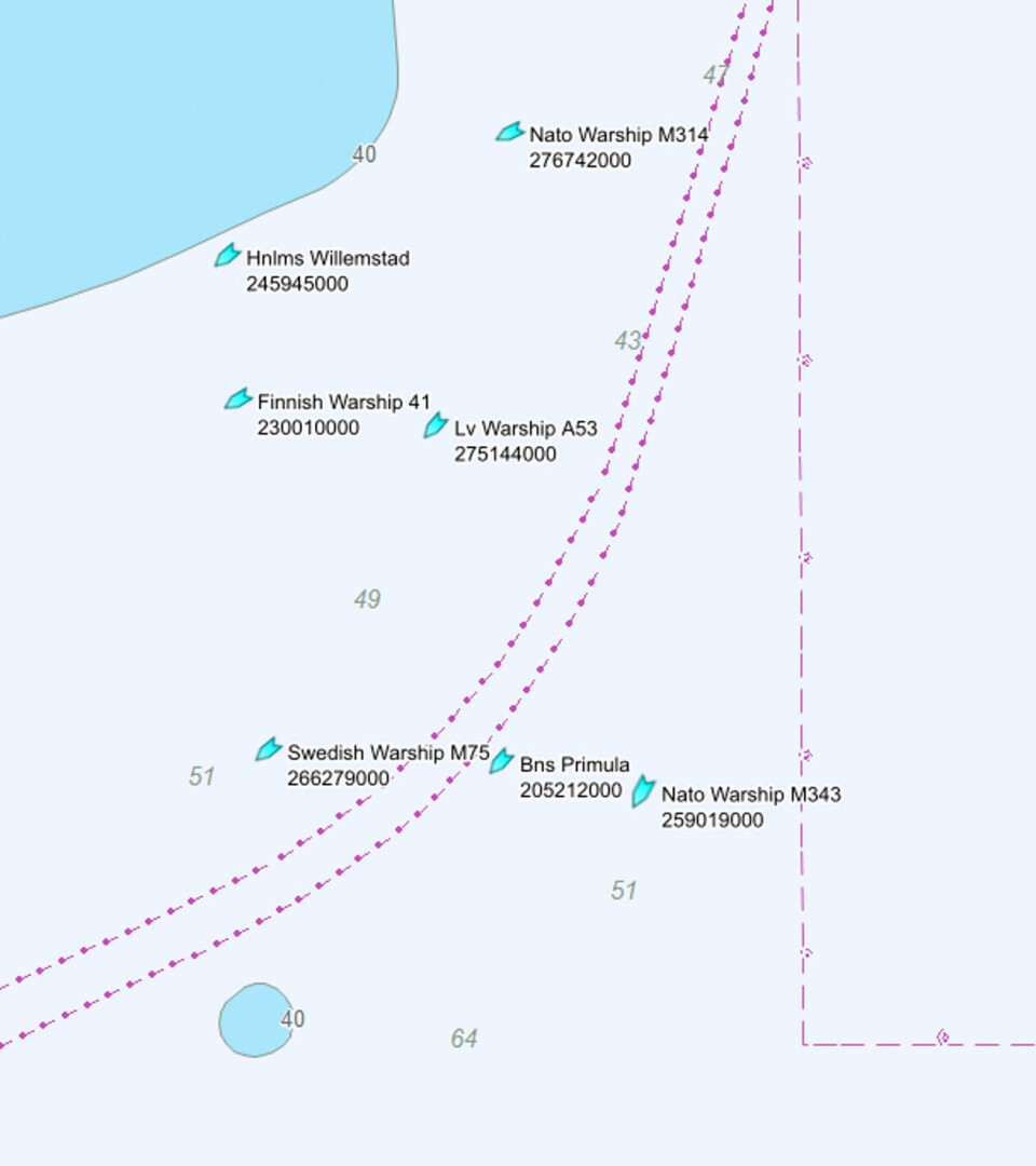 «Hinnøy» i følge med flere skip fra ulike land idet skipene passerer lekkasjepunktene 8. juni. Skjermdump: Marine Traffic