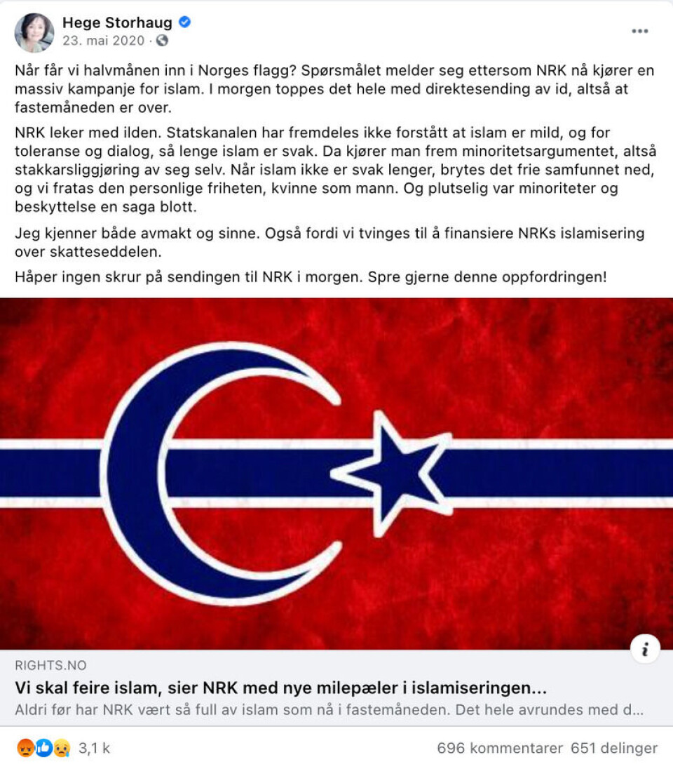 Et populært innlegg på Hege Storhaugs Facebook-side. Skjermdump fra Facebook