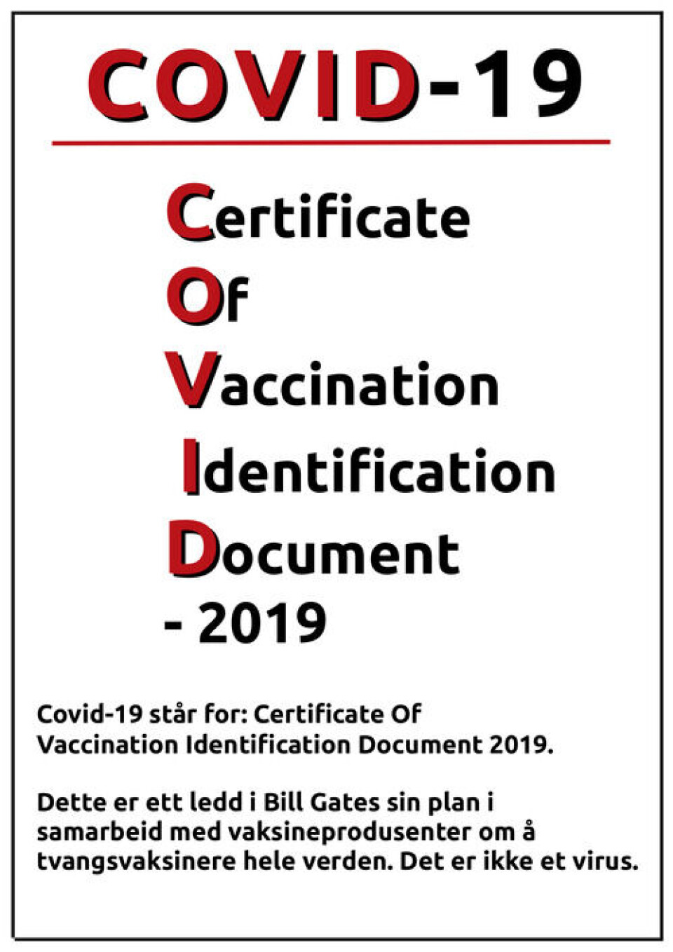 Slik deles en påstand om hva covid-19 står for på Facebook. Skjermbilde: Facebook-bruker Slik deles en påstand om hva covid-19 står for på Facebook.