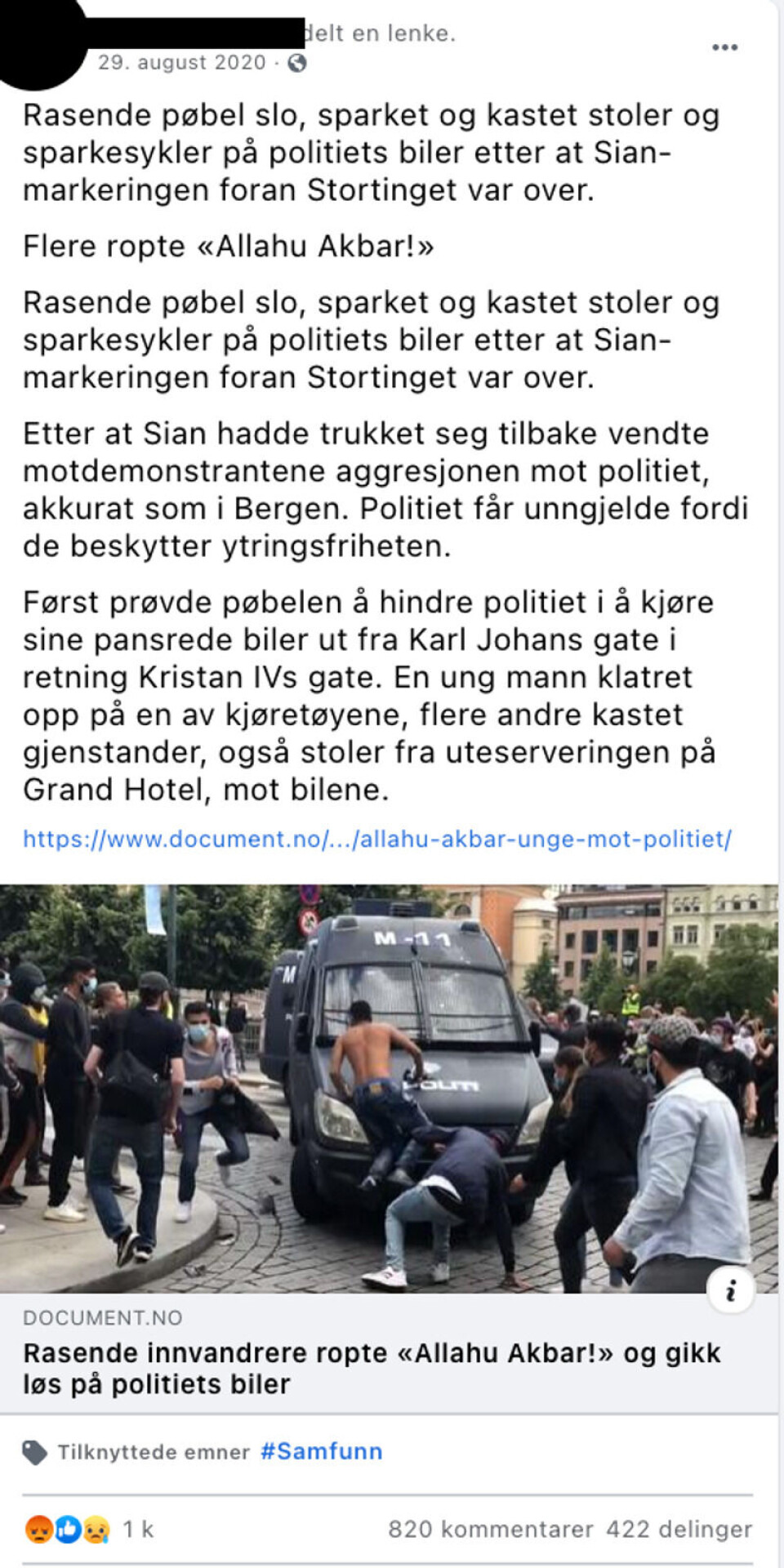 Et av de mest populære innleggene i «Vårt Lille Land». Skjermdump fra Facebook