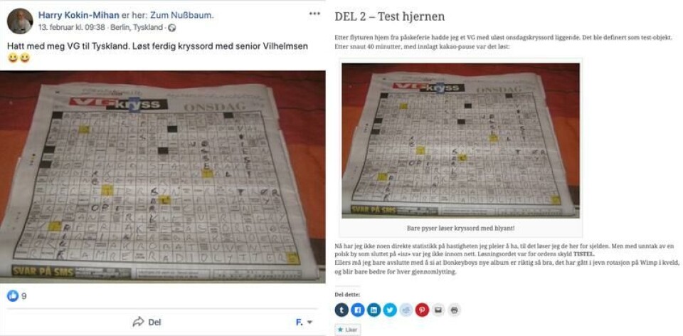 13. februar la Harry Kokin-Mihan ut et bilde av et VG-kryssord på Facebook. Han hevdet at han var i Berlin sammen med avdøde. Bildet er stjålet fra bloggen «Polar Coordinate», og kryssordet sto på trykk i VG 12. april 2012. Skjermbilder fra Facebook og Polar Coordinate. 13. februar la Harry Kokin-Mihan ut et bilde av et VG-kryssord på Facebook. Han hevdet at han var i Berlin sammen med avdøde. Bildet er stjålet fra bloggen «Polar Coordinate», og kryssordet sto på trykk i VG 12. april 2012.