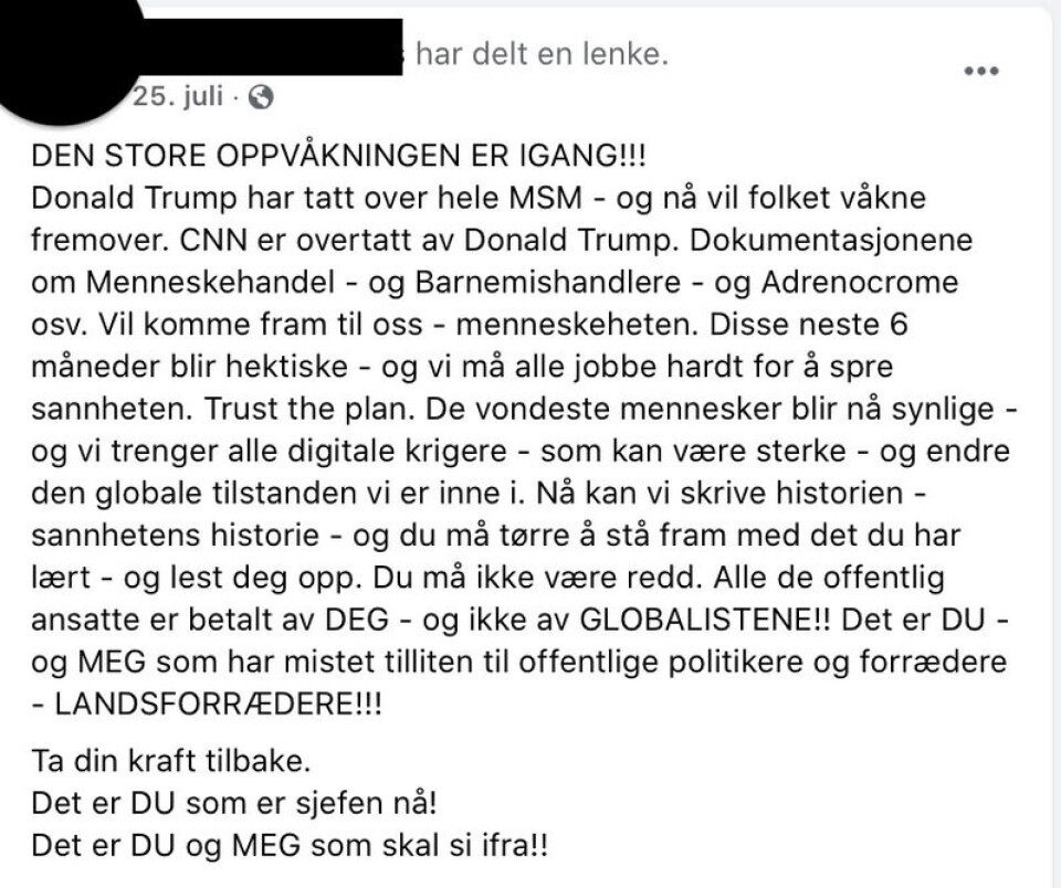 Innlegg i InitiateØ som omfavner en rekke QAnon-konspirasjonsteorier. Skjermdump fra Facebook Innlegg i InitiateØ som omfavner en rekke QAnon-konspirasjonsteorier.