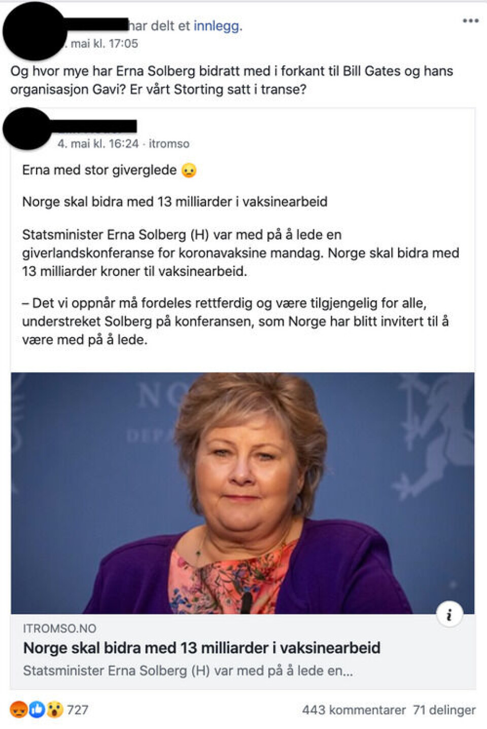 Innlegget som fikk flest sinte reaksjoner, ifølge Crowdtangle, ble lagt ut i Facebook-gruppen «Stopp ACER» 4. mai. 533 Facebook-brukere trykket «Sint» på innlegget. Skjermbilde: Facebook Innlegget som fikk flest sinte reaksjoner, ifølge Crowdtangle, ble lagt ut i Facebook-gruppen «Stopp ACER» 4. mai. 533 Facebook-brukere trykket «Sint» på innlegget.