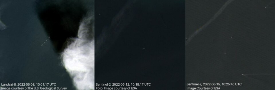 Satellittbilder fra 8, 12 og 15. juni viser skip på samme posisjon som «KNM Hinnøy» har oppgitt posisjon. Faktisk.no har fått satellittbildene av Planet Labs PBC. Foto: Landsat-8 image courtesy of the U.S. Geological Survey/ ESA