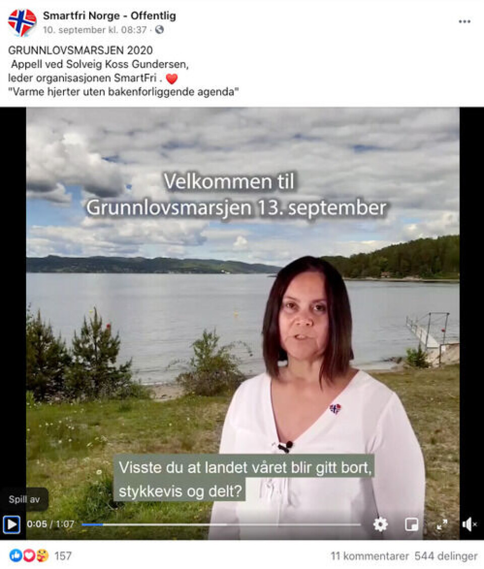 Smartfri Norge var blant arrangørene av Grunnlovsmarsjen. Gruppen mener stråling fra smartmålere og basestasjoner er helsefarlig. Skjermdump fra Facebook Smartfri Norge var blant arrangørene av Grunnlovsmarsjen. Gruppen mener stråling fra smartmålere og basestasjoner er helsefarlig.