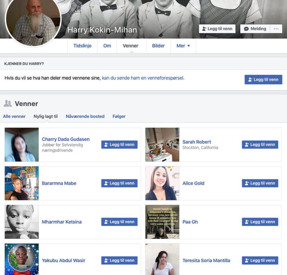 120 av de 155 vennene til Harry Kokin-Mihan er nylig lagt til. Dette kan være et tegn på at en Facebook-profil er falsk. Skjermbilde fra Facebook. 120 av de 155 vennene til Harry Kokin-Mihan er nylig lagt til. Dette kan være et tegn på at en Facebook-profil er falsk.