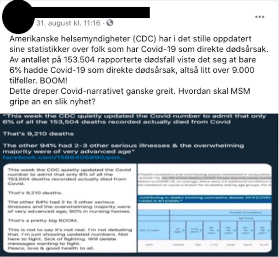 Innlegget er hentet fra en norsk Facebook-gruppe som fremmer QAnon-konspirasjonen. Skjermdump: Facebook Innlegget er hentet fra en norsk Facebook-gruppe som fremmer QAnon-konspirasjonen.