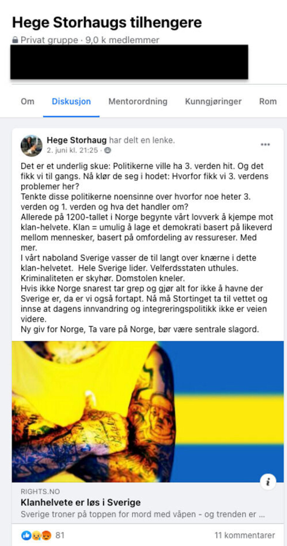 Innlegg fra Storhaug i «Hege Storhaugs tilhengere». Skjermdump fra Facebook