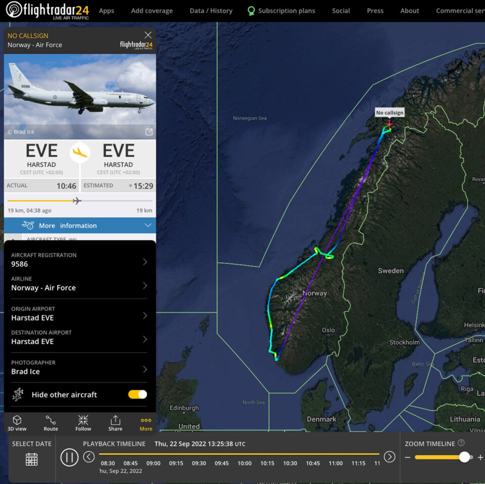 Den 22. september ser vi for eksempel på Flightradar at et P-8-fly fra Evenes har flydd langs kysten i Norge. Skjermsump: Flightradar