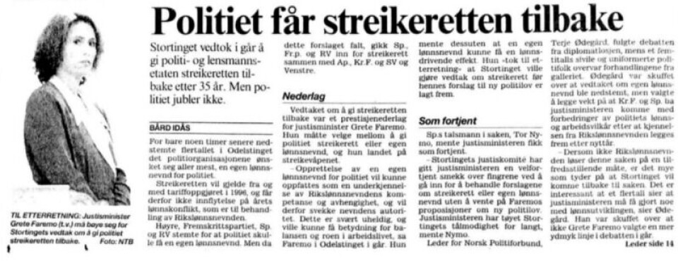 Stortinget ga politiet streikeretten tilbake i desember 1994. Men det var ikke før tariffoppgjøret 1996 de kunne gå ut i strek igjen. Faksimile: Aftenposten, , 6.12.1994