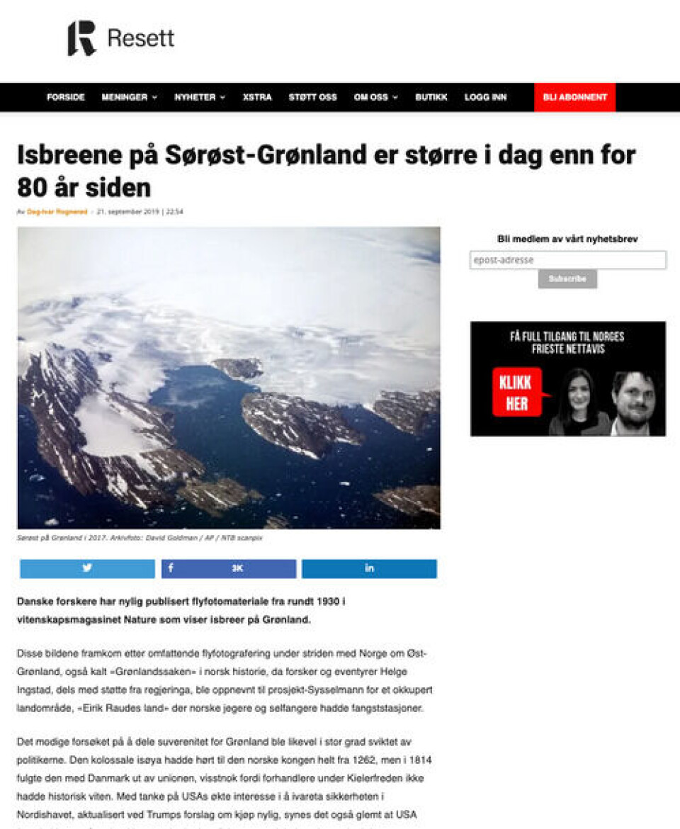 Slik så Resetts artikkel ut før endring. Foto: Skjermdump / Resett.no Slik så Resetts artikkel ut før endring.