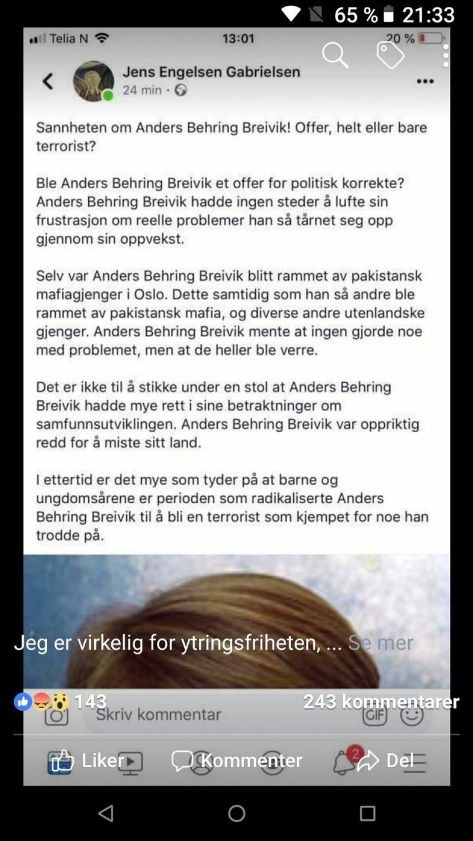 Skjermdump fra Facebook