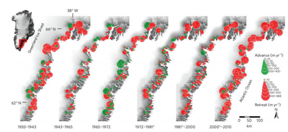 Foto: Skjermdump / «An aerial view of 80 years of climate-related glacier fluctuations in southeast Greenland»