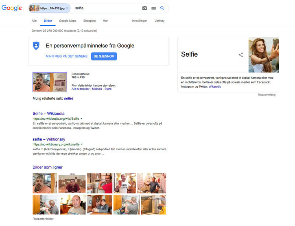 Slik ser det ut når man søker med bilde i Google. Foto: Skjermdump / Google.no Slik ser det ut når man søker med bilde i Google.
