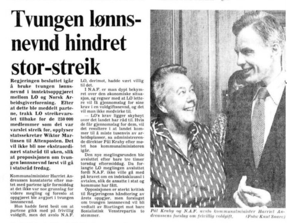 Det ble aldri noen storstreik for 250 000 LO-organiserte i 1981. Faksimile: Aftenposten, 23.5.1981.