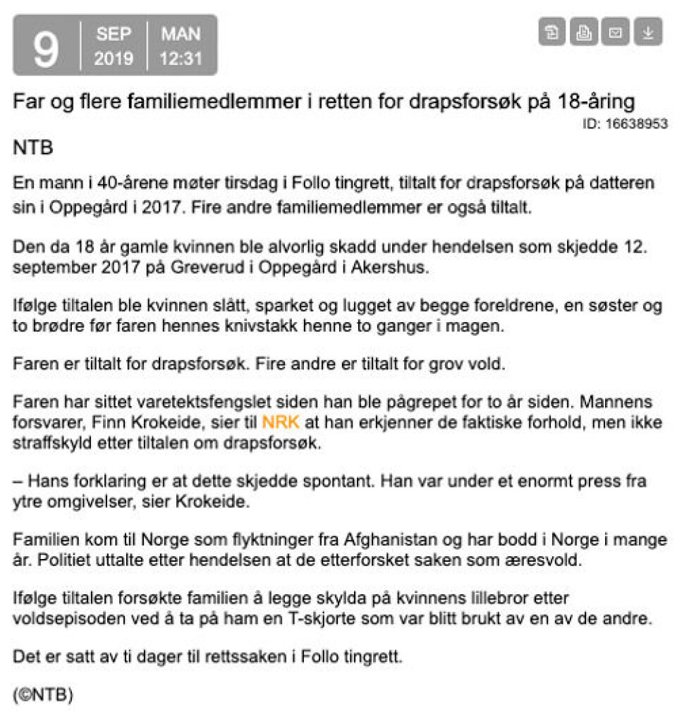 NTBs artikkel publisert 9. september. Foto: Skjermdump/NTB NTBs artikkel publisert 9. september.