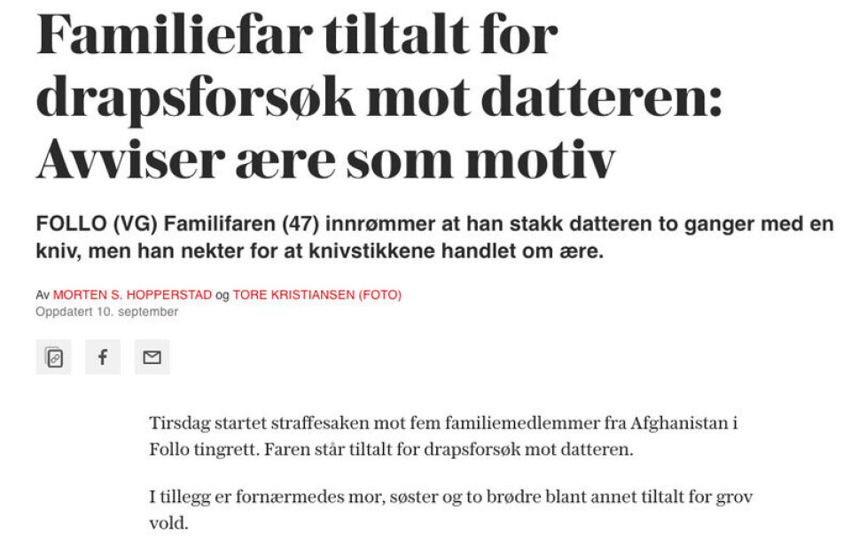 VGs artikkel publisert 10. september. Skjermdump/VG.no VGs artikkel publisert 10. september.