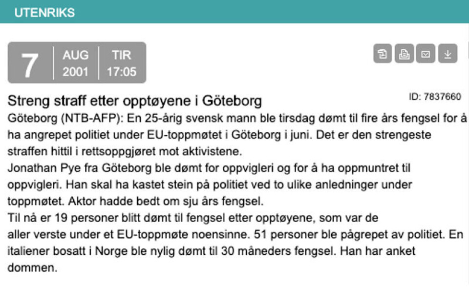 NTBs artikkel fra august 2001. Foto: Skjermdump / NTB NTBs artikkel fra august 2001.