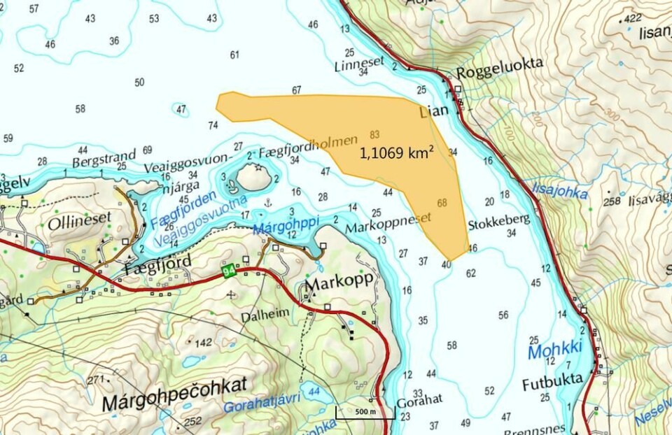 Det markerte feltet viser det reelle området for deponiet, ifølge Nussir. Foto: Nussir ASA Det markerte feltet viser det reelle området for deponiet, ifølge Nussir.
