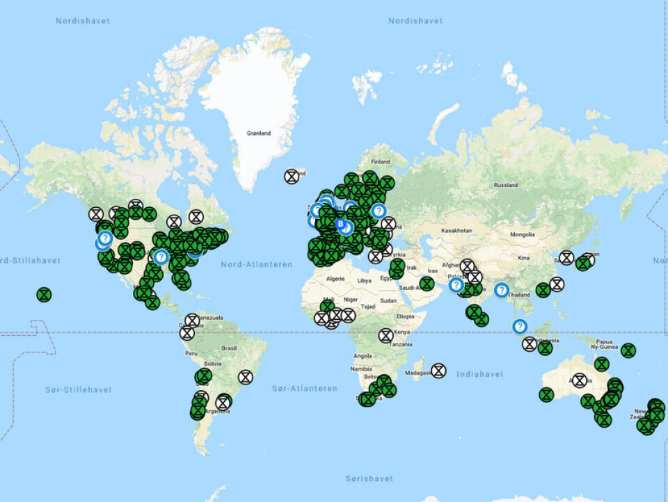 Oversikt over Extinction Rebellion-grupper i verden. Foto: Skjermdump / Google Maps Oversikt over Extinction Rebellion-grupper i verden.
