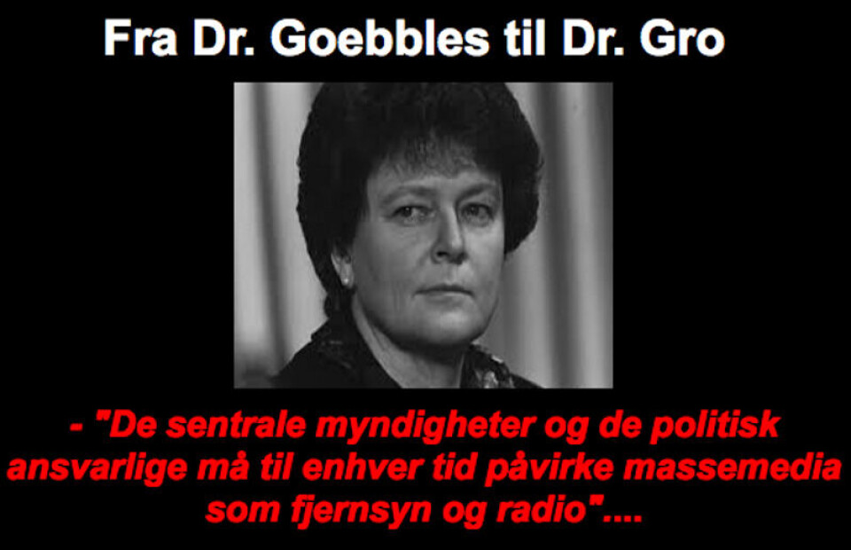 På nettstedet Menneskerettigheter.info sammenlignes Gro Harlem Brundtland med Hitlers propagandaminister Joseph Goebbels. Foto: Skjermdump fra Menneskerettigheter.info. På nettstedet Menneskerettigheter.info sammenlignes Gro Harlem Brundtland med Hitlers propagandaminister Joseph Goebbels.