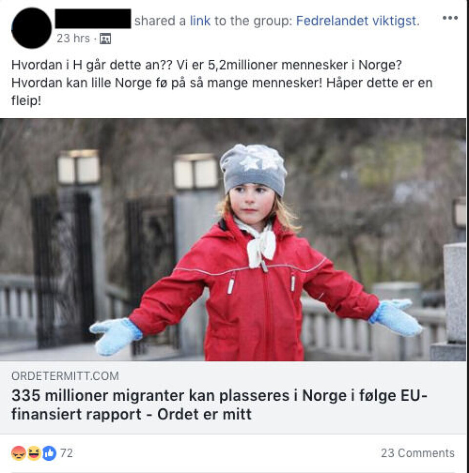 Skjermdump fra Facebook-gruppen «Fedrelandet viktigst».