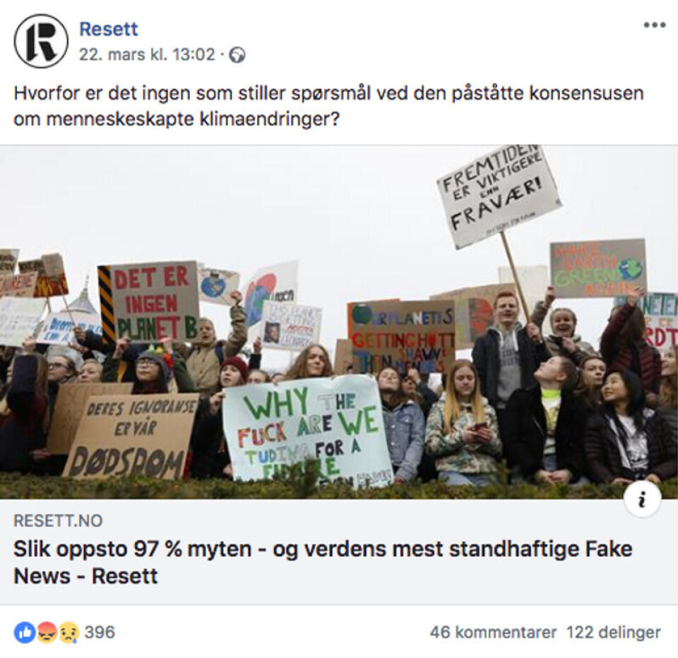 Skjermdump fra Resetts Facebook-post