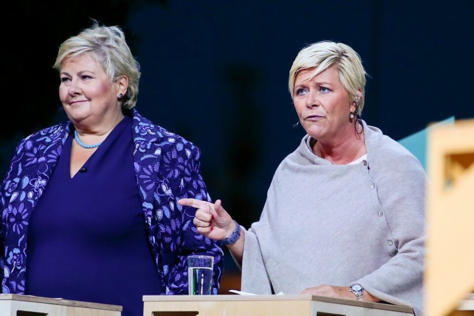 Statsminister Erna Solberg (H) (t.v.) og finansminister Siv Jensen (Frp). Foto: Håkon Mosvold Larsen / NTB scanpix. Statsminister Erna Solberg (H) (t.v.) og finansminister Siv Jensen (Frp).