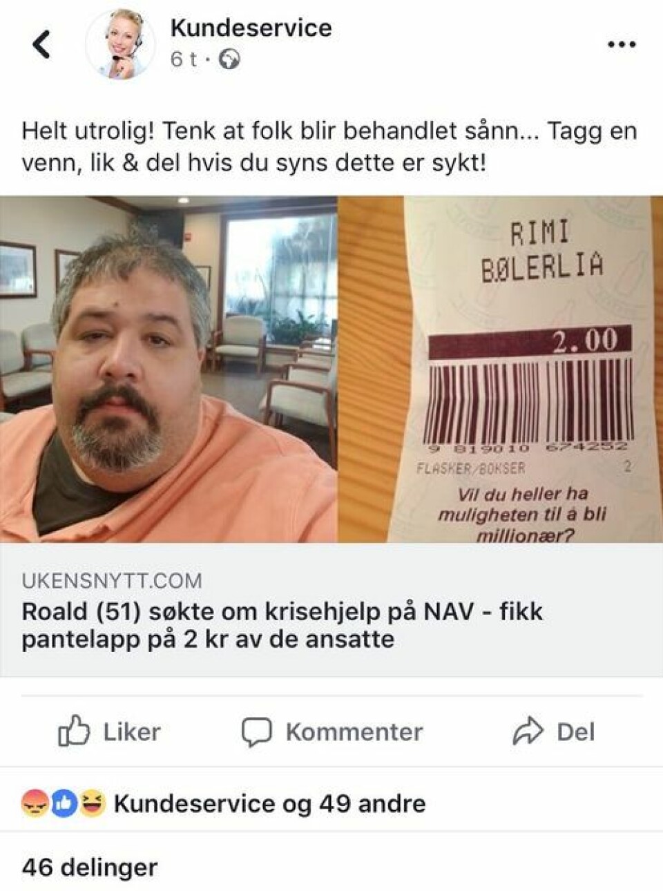 Slik ble saken postet på Facebook-siden til «Kundeservice» - en side som hyppig sprer virale fra såkalte løgnfabrikker. Skjermbilde: Facebook Slik ble saken postet på Facebook-siden til «Kundeservice» - en side som hyppig sprer virale fra såkalte løgnfabrikker.