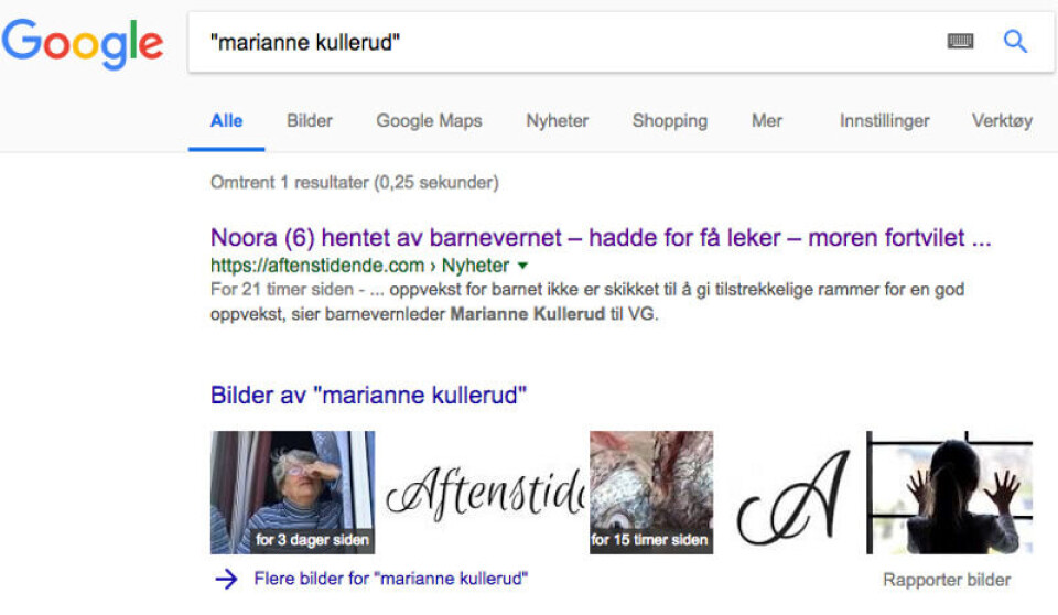 Barnevernleder Marianne Kullerud finnes ikke. Foto: Skjermdump/Google Barnevernleder Marianne Kullerud finnes ikke.
