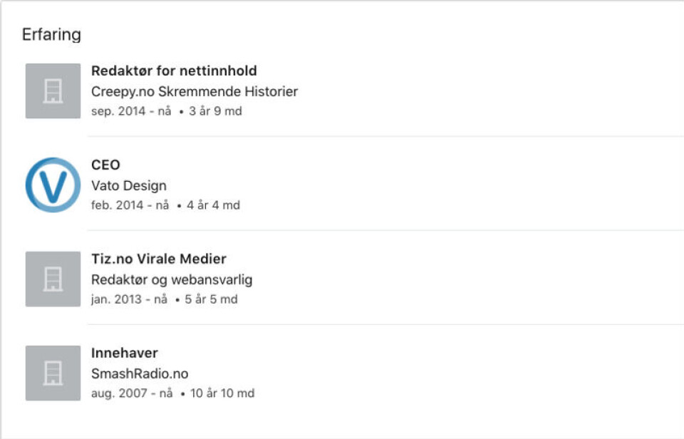 Slik ser LinkedIn-profilen til eieren av Vato Design ut. Foto: Skjermdump / LinkedIn Slik ser LinkedIn-profilen til eieren av Vato Design ut.