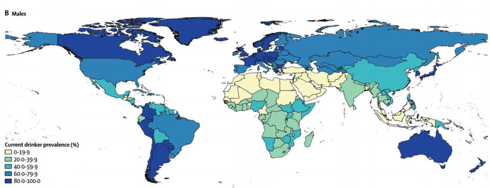 Andel menn av befolkningen som har drukket alkohol siste 12 måneder. Mørk farge, høy andel. Lancet, Alcohol use and burden for 195 countries and territories, 1990–2016: a systematic analysis for the Global Burden of Disease Study 2016 Andel menn av befolkningen som har drukket alkohol siste 12 måneder. Mørk farge, høy andel.