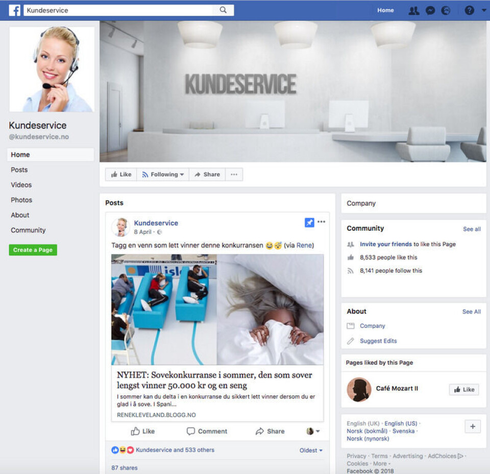 Slik ser Facebook-siden «Kundeservice» ut. Det finnes både en norsk og en dansk variant når man søker på Facebookj. Foto: Skjermdump/Facebook.com/kundeservice.no Slik ser Facebook-siden «Kundeservice» ut. Det finnes både en norsk og en dansk variant når man søker på Facebookj.