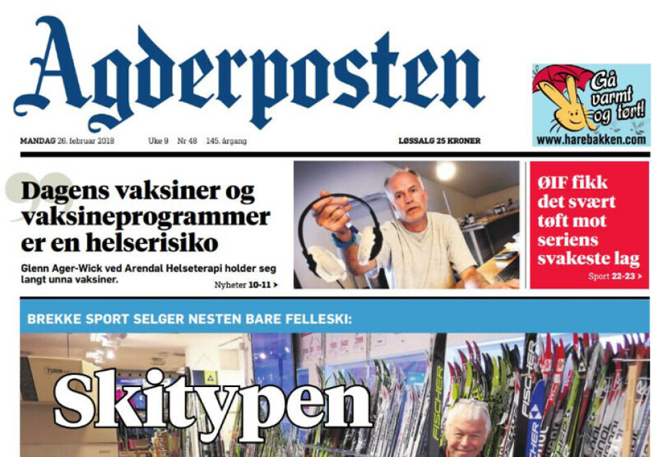 PÅ FORSIDEN: Slik så forsiden til Agderposten ut 26. februar. Avisen har senere beklaget fremstillingen med vaksinekritiker Ager-Wick på forsiden. SKJERMDUMP: Agderposten. PÅ FORSIDEN: Slik så forsiden til Agderposten ut 26. februar. Avisen har senere beklaget fremstillingen med vaksinekritiker Ager-Wick på forsiden.