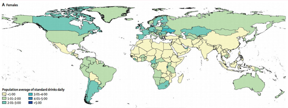 Kartet viser kvinners gjennomsnittlige alkoholkonsum målt i enheter pr dag. Lyse farger har lavt forbruk, mørke høyt. Lancet, Alcohol use and burden for 195 countries and territories, 1990–2016: a systematic analysis for the Global Burden of Disease Study 2016 Kartet viser kvinners gjennomsnittlige alkoholkonsum målt i enheter pr dag. Lyse farger har lavt forbruk, mørke høyt.