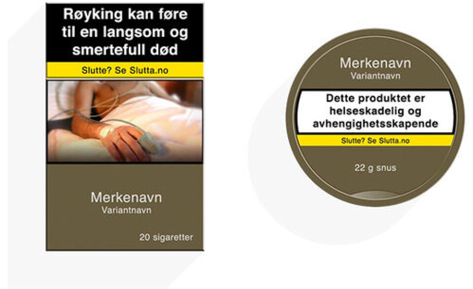 Slik vil snusbokser og røykpakker se ut med standardisert innpakning. Illustrasjon: Helsedirektoratet Slik vil snusbokser og røykpakker se ut med standardisert innpakning.