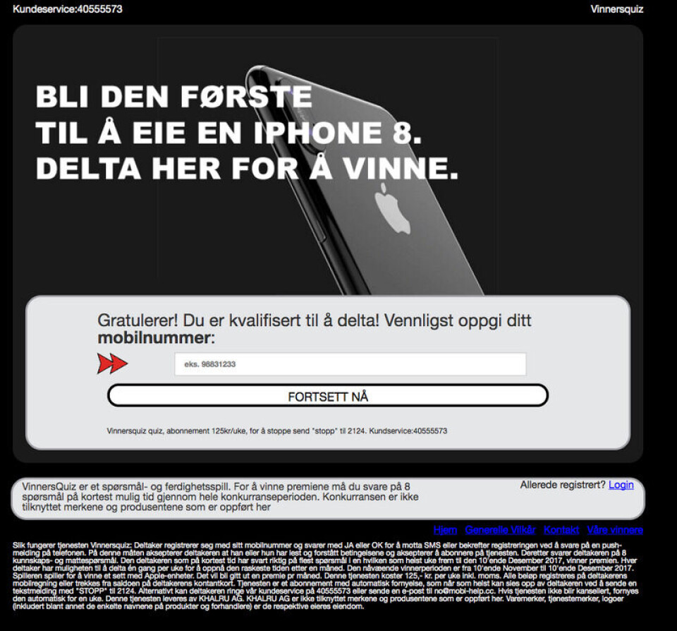 Foto: Skjermdump/Vinnersquiz.net.